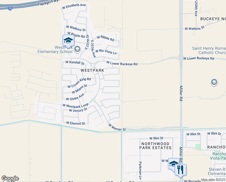 map of restaurants, bars, coffee shops, grocery stores, and more near 25550 West Pioneer Street in Buckeye