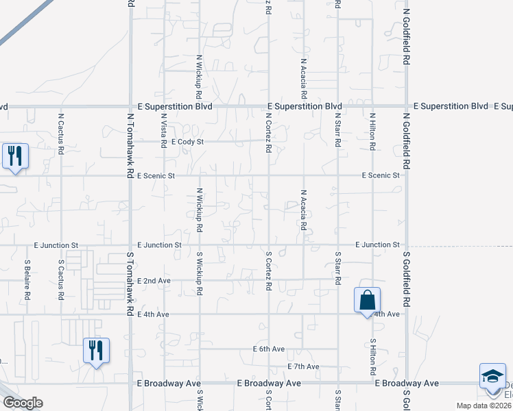 map of restaurants, bars, coffee shops, grocery stores, and more near 225 North Conestoga Road in Apache Junction