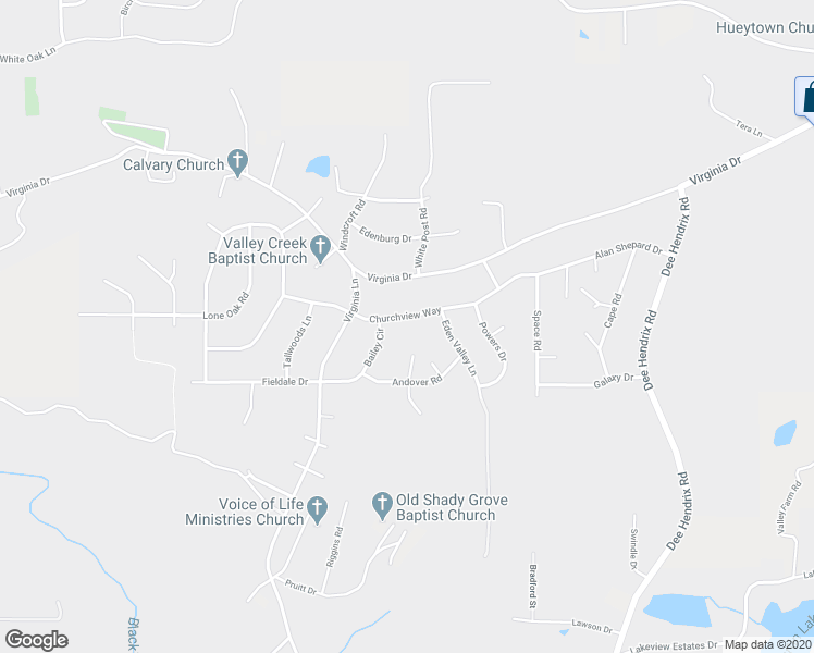 map of restaurants, bars, coffee shops, grocery stores, and more near 3220 Churchview Way in Hueytown