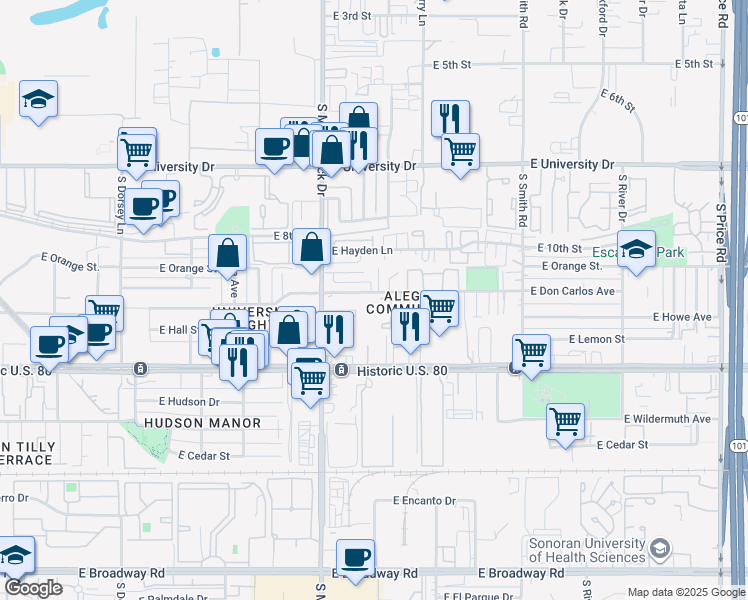 map of restaurants, bars, coffee shops, grocery stores, and more near 1835 East Don Carlos in Tempe
