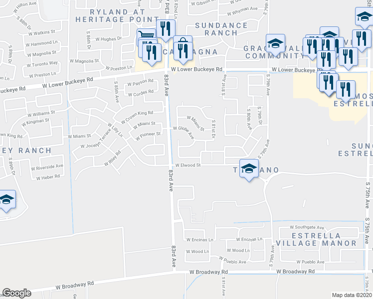 map of restaurants, bars, coffee shops, grocery stores, and more near 8213 West Superior Avenue in Phoenix