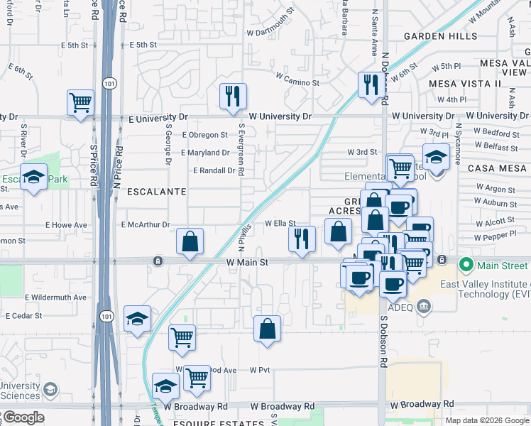 map of restaurants, bars, coffee shops, grocery stores, and more near 111 North Phyllis in Mesa