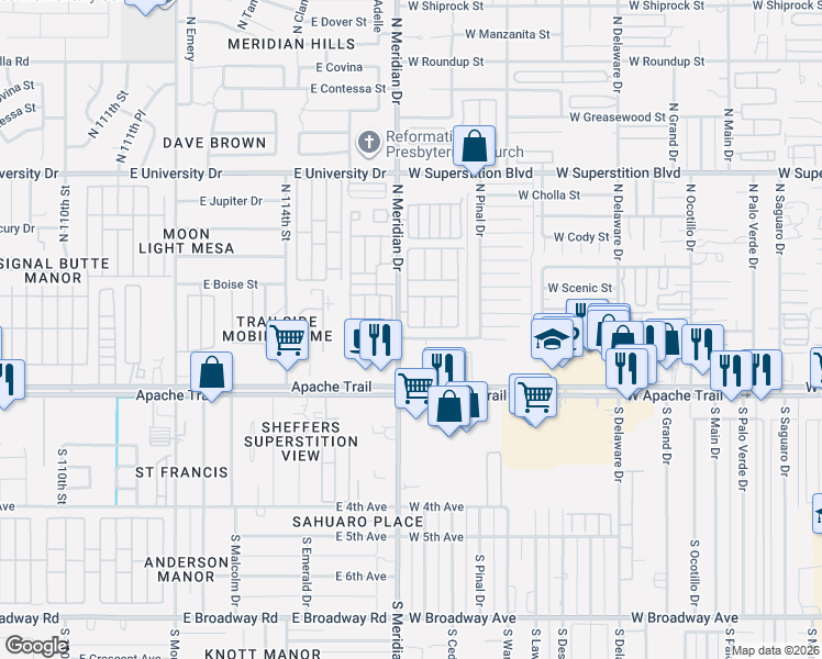 map of restaurants, bars, coffee shops, grocery stores, and more near 351 North Meridian Drive in Apache Junction