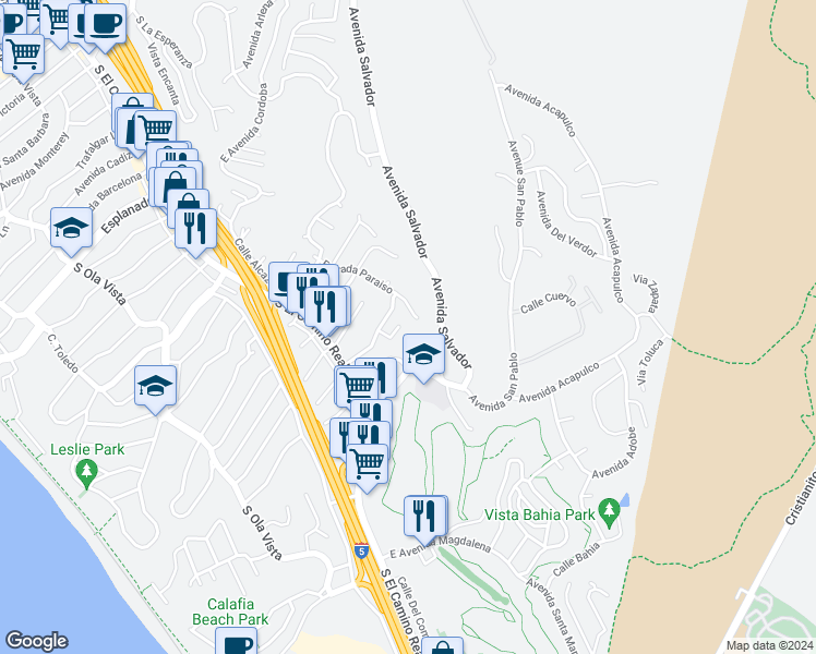 map of restaurants, bars, coffee shops, grocery stores, and more near 126 Avenida Trieste in San Clemente