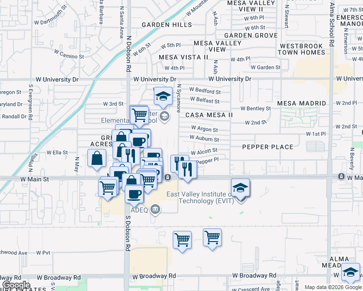 map of restaurants, bars, coffee shops, grocery stores, and more near 113 North Sycamore in Mesa