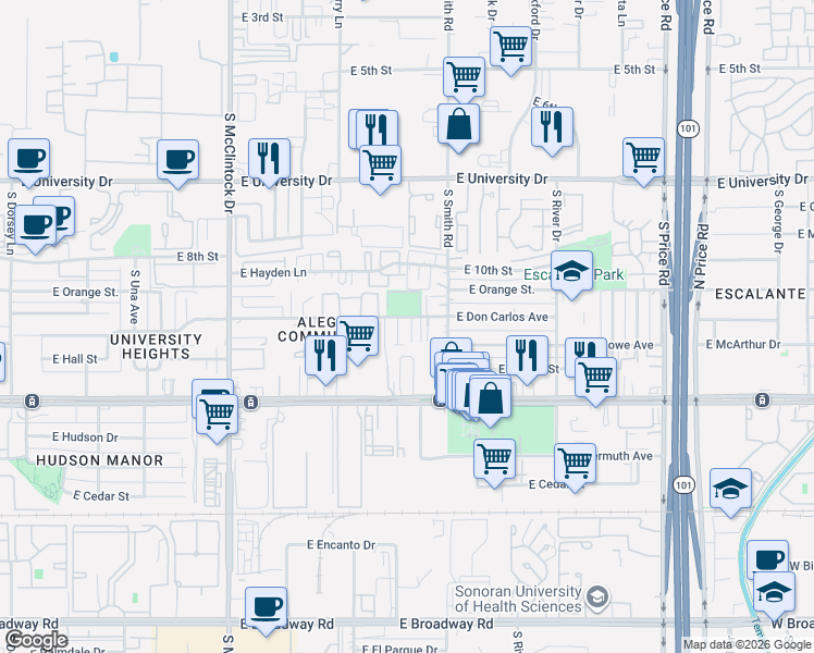map of restaurants, bars, coffee shops, grocery stores, and more near 1957 East Don Carlos in Tempe