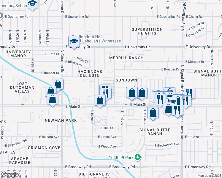 map of restaurants, bars, coffee shops, grocery stores, and more near 146 North Merrill Road in Apache Junction