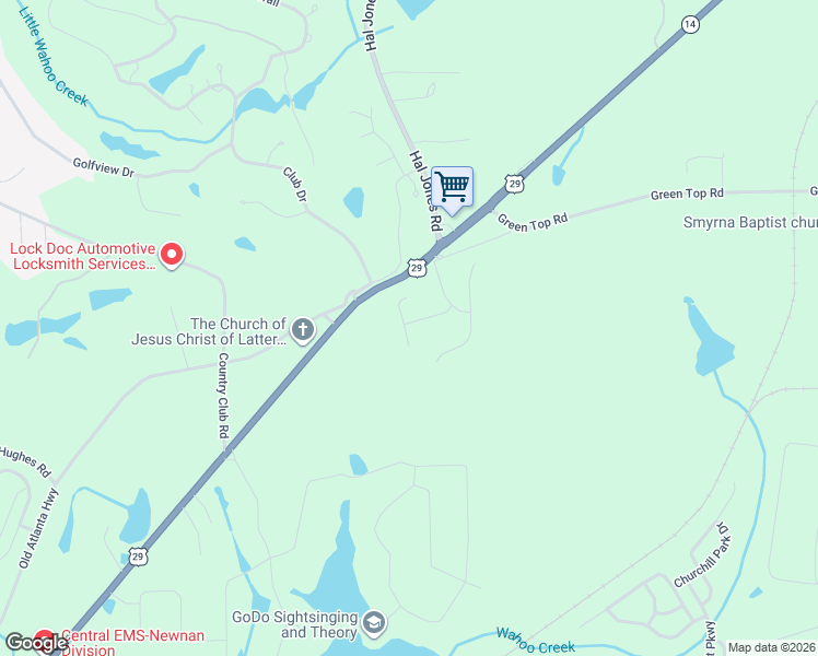 map of restaurants, bars, coffee shops, grocery stores, and more near 54 Club Cresswind Drive in Newnan