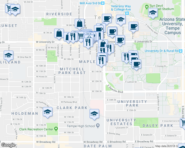 map of restaurants, bars, coffee shops, grocery stores, and more near 1105 South Ash Avenue in Tempe