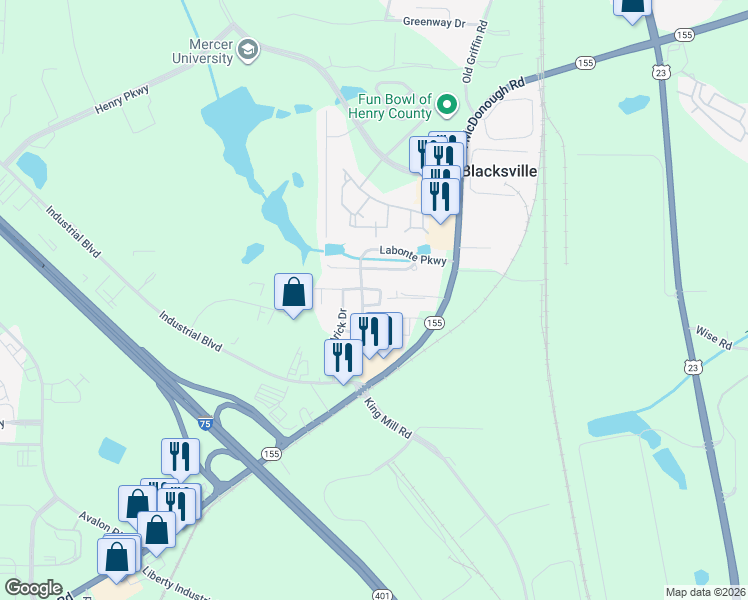 map of restaurants, bars, coffee shops, grocery stores, and more near 4040 Emmons Street in McDonough