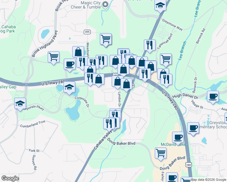 map of restaurants, bars, coffee shops, grocery stores, and more near 6926 Lyndon Drive in Meadowbrook