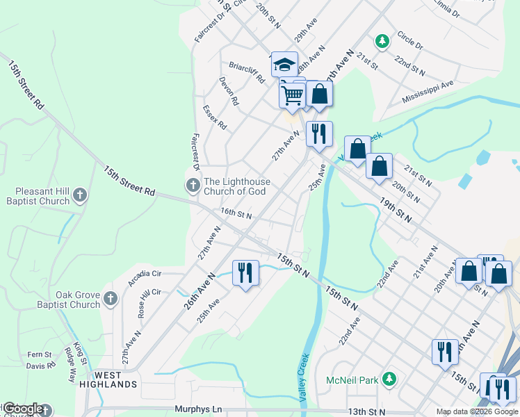 map of restaurants, bars, coffee shops, grocery stores, and more near 2605 16th Street North in Hueytown