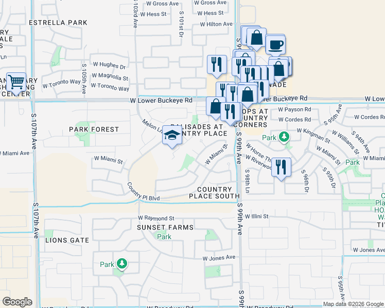 map of restaurants, bars, coffee shops, grocery stores, and more near 3110 South 100th Lane in Tolleson