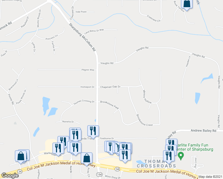 map of restaurants, bars, coffee shops, grocery stores, and more near 55 Chapman Oak Drive in Newnan