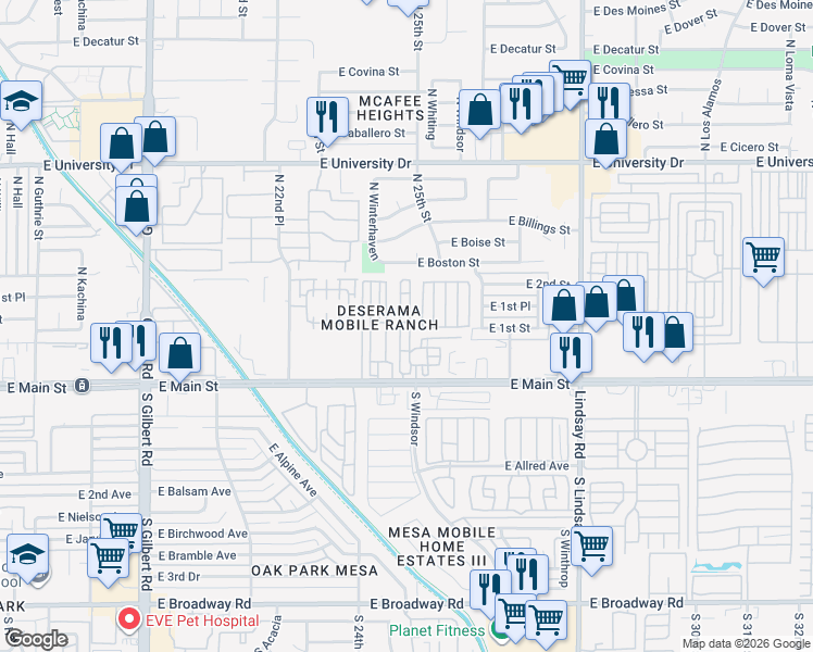 map of restaurants, bars, coffee shops, grocery stores, and more near 2460 East Main Street in Mesa