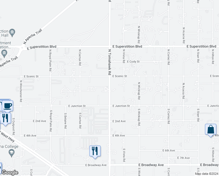 map of restaurants, bars, coffee shops, grocery stores, and more near 239 North Tomahawk Road in Apache Junction