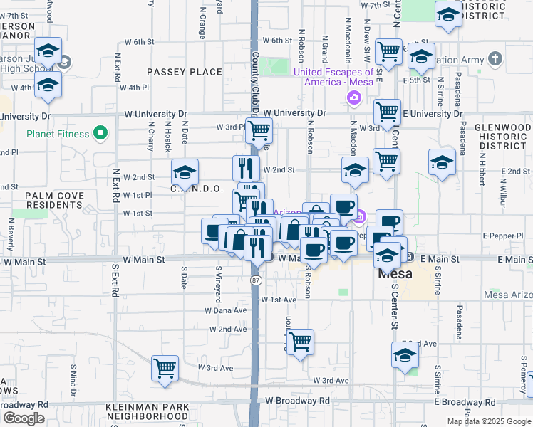 map of restaurants, bars, coffee shops, grocery stores, and more near 101 North Morris in Mesa
