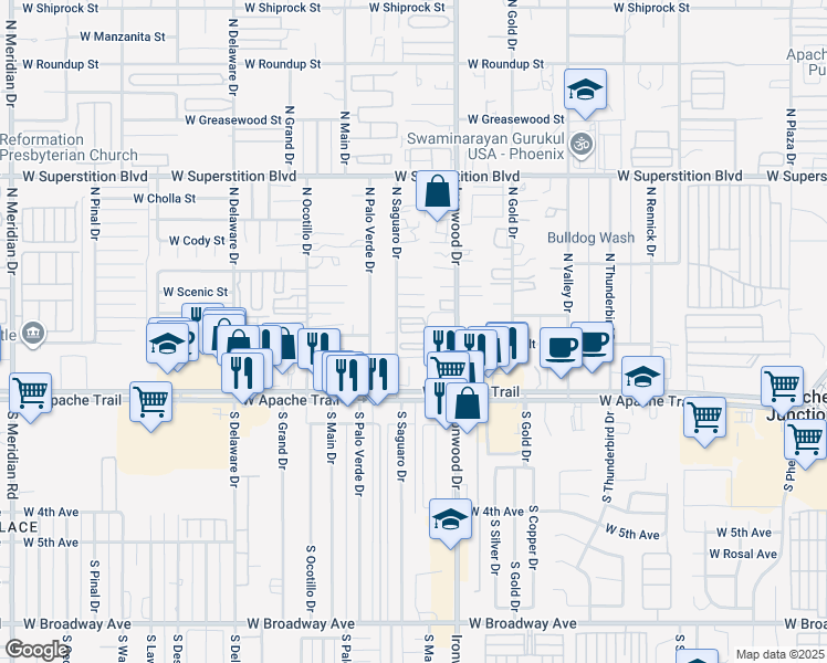 map of restaurants, bars, coffee shops, grocery stores, and more near 275 North Saguaro Drive in Apache Junction