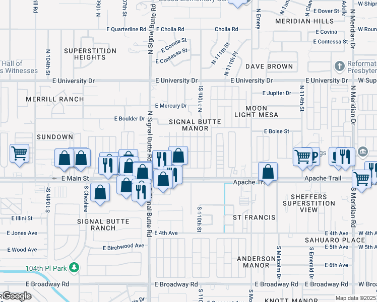map of restaurants, bars, coffee shops, grocery stores, and more near 100 Cedar Street in Apache Junction