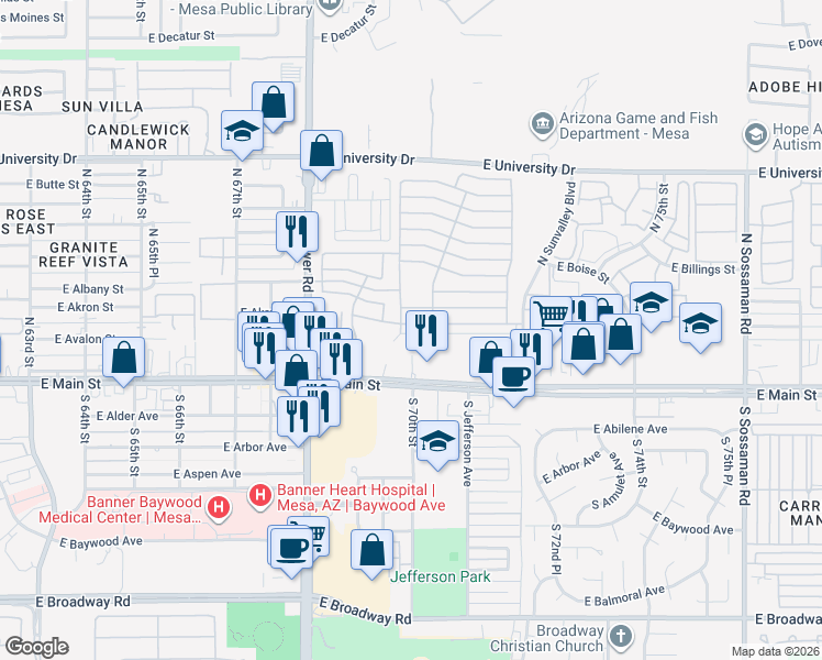 map of restaurants, bars, coffee shops, grocery stores, and more near Cypress Point Drive in Mesa