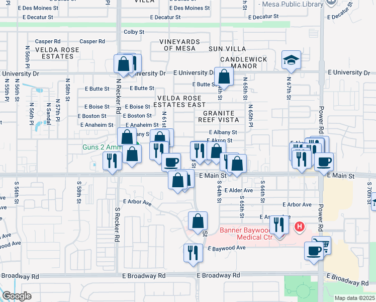 map of restaurants, bars, coffee shops, grocery stores, and more near 36 North 63rd Street in Mesa