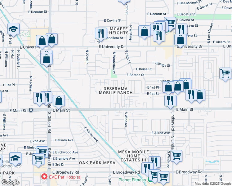 map of restaurants, bars, coffee shops, grocery stores, and more near 2434 East Main Street in Mesa