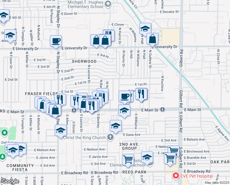 map of restaurants, bars, coffee shops, grocery stores, and more near 102 North Hunt Drive East in Mesa