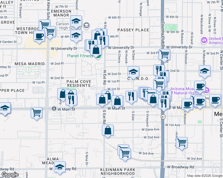 map of restaurants, bars, coffee shops, grocery stores, and more near 735 West 1st Street in Mesa