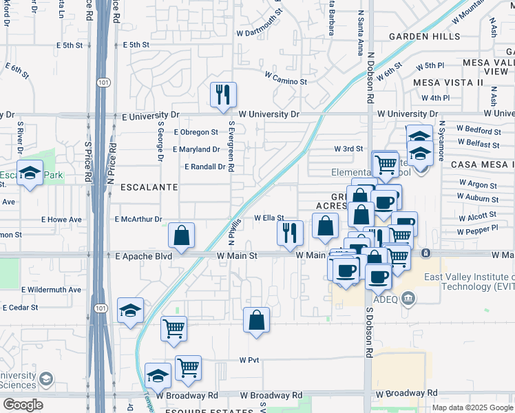 map of restaurants, bars, coffee shops, grocery stores, and more near 111 North Phyllis in Mesa