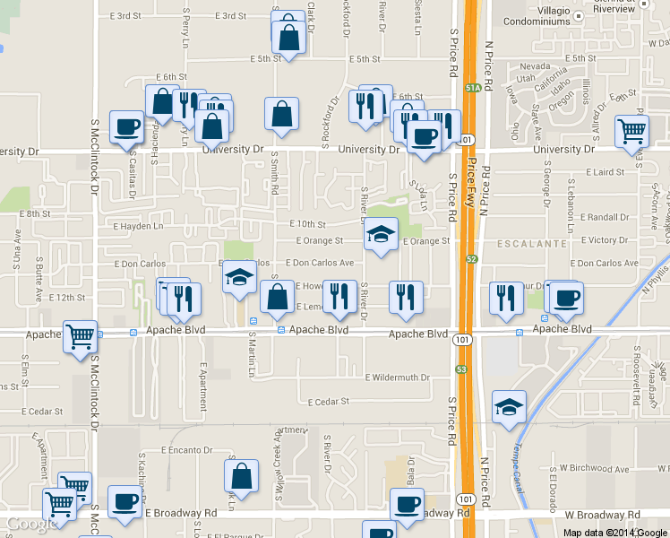 map of restaurants, bars, coffee shops, grocery stores, and more near 2076 East Howe Avenue in Tempe