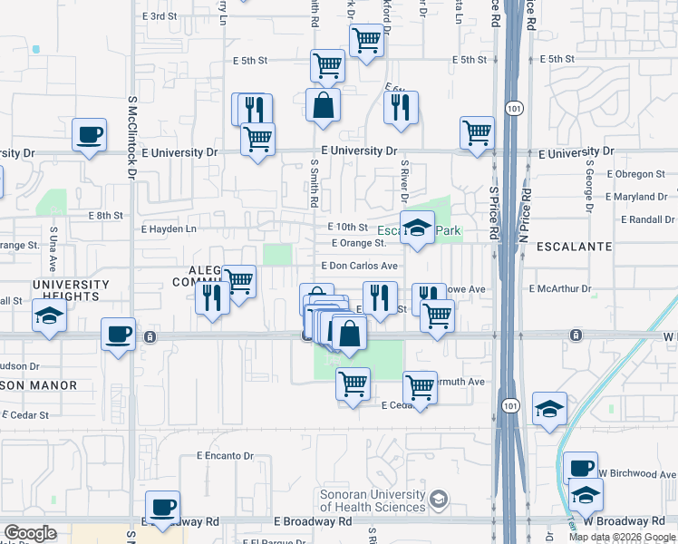 map of restaurants, bars, coffee shops, grocery stores, and more near 2004 East Howe Avenue in Tempe