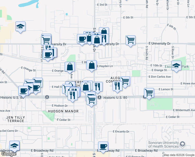 map of restaurants, bars, coffee shops, grocery stores, and more near 1800 East Lemon Street in Tempe