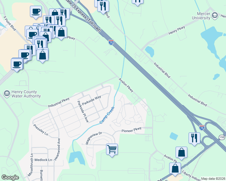 map of restaurants, bars, coffee shops, grocery stores, and more near 157 Parkview Place Drive in McDonough
