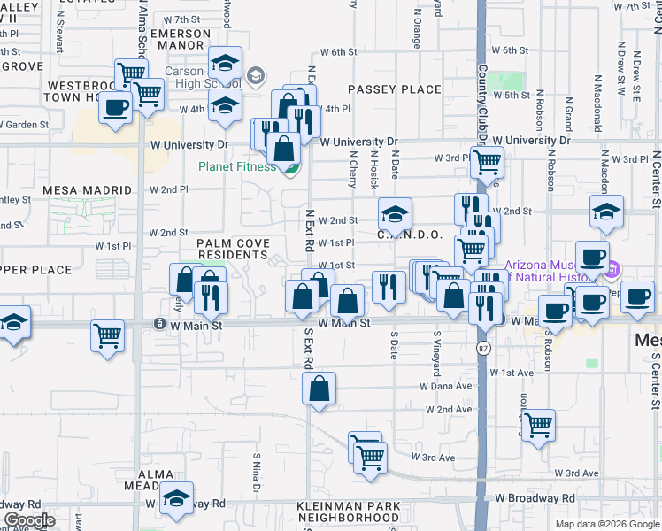 map of restaurants, bars, coffee shops, grocery stores, and more near 735 West 1st Street in Mesa