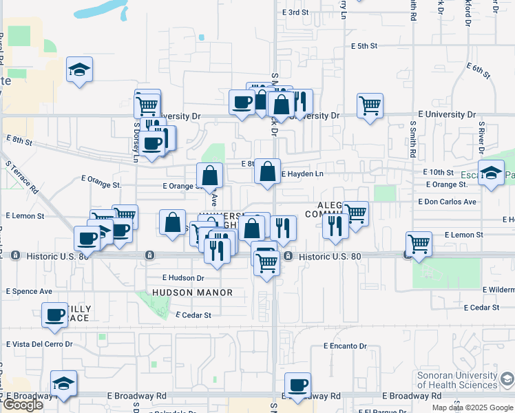map of restaurants, bars, coffee shops, grocery stores, and more near 1701 East Don Carlos Avenue in Tempe