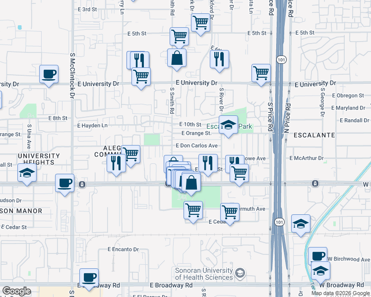 map of restaurants, bars, coffee shops, grocery stores, and more near 2004 East Howe Avenue in Tempe