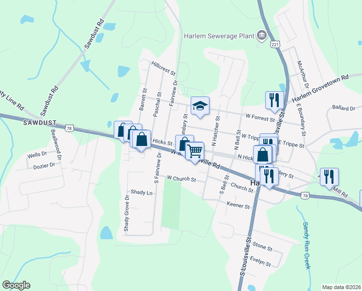 map of restaurants, bars, coffee shops, grocery stores, and more near 399 N Hicks St in Harlem