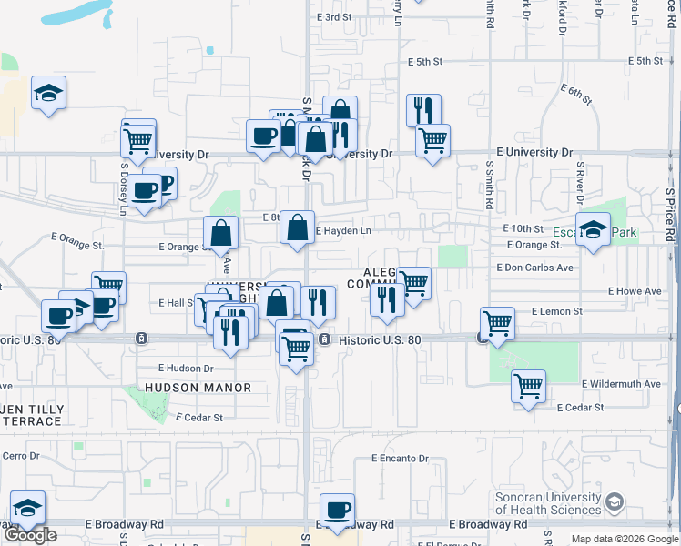 map of restaurants, bars, coffee shops, grocery stores, and more near 1825 East Don Carlos in Tempe