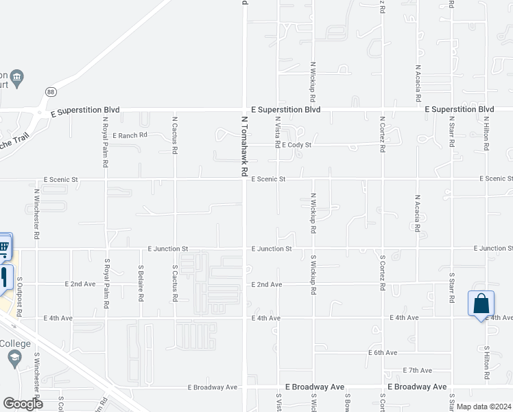 map of restaurants, bars, coffee shops, grocery stores, and more near 245 North Tomahawk Road in Apache Junction