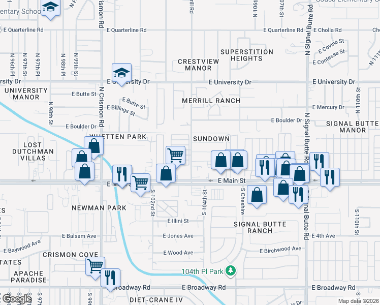 map of restaurants, bars, coffee shops, grocery stores, and more near 10337 East Akron Street in Apache Junction