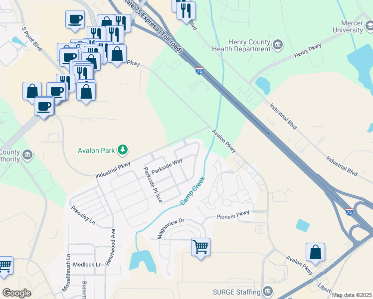 map of restaurants, bars, coffee shops, grocery stores, and more near 322 Parkview Place Drive in McDonough