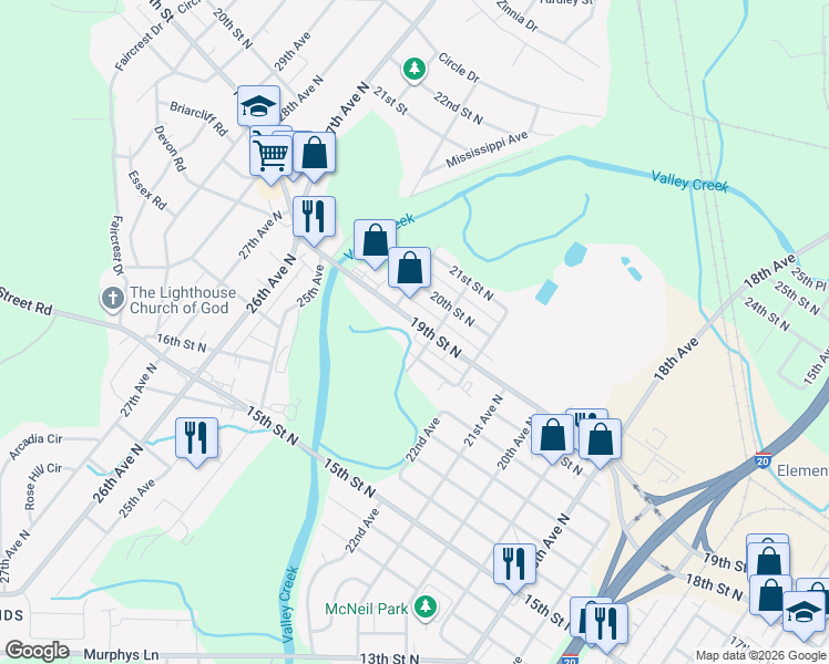 map of restaurants, bars, coffee shops, grocery stores, and more near 2307 18th Street North in Bessemer