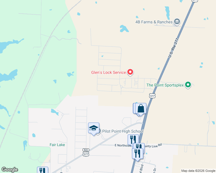 map of restaurants, bars, coffee shops, grocery stores, and more near 1998 Hickory Drive in Pilot Point