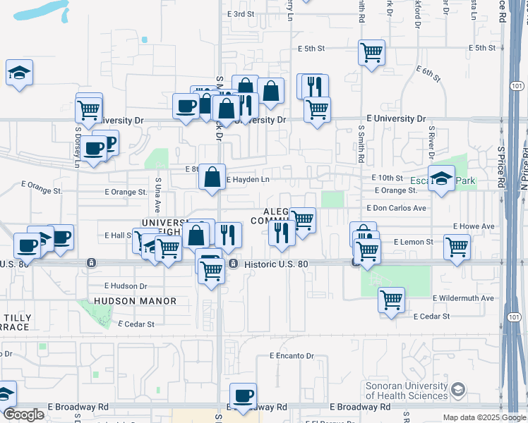 map of restaurants, bars, coffee shops, grocery stores, and more near in Tempe