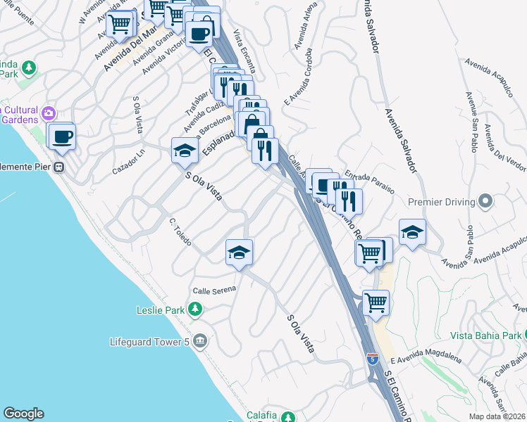 map of restaurants, bars, coffee shops, grocery stores, and more near 131 West Avenida Valencia in San Clemente