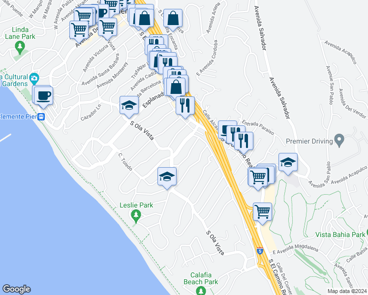 map of restaurants, bars, coffee shops, grocery stores, and more near 123 West Avenida Valencia in San Clemente