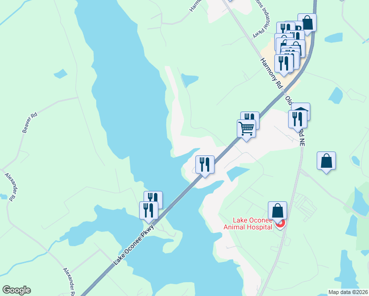 map of restaurants, bars, coffee shops, grocery stores, and more near 117 Lakemore Drive in Eatonton