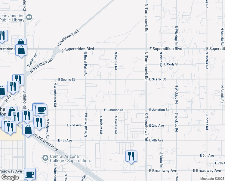 map of restaurants, bars, coffee shops, grocery stores, and more near 204 North Cactus Road in Apache Junction