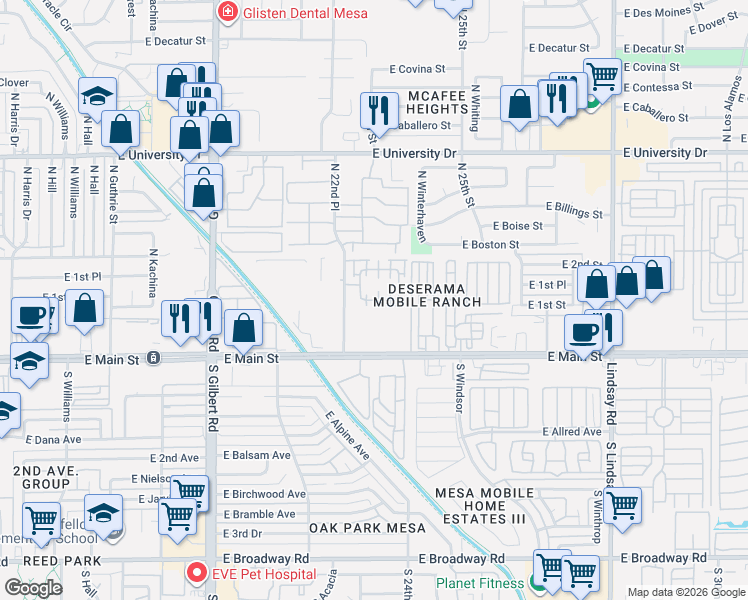 map of restaurants, bars, coffee shops, grocery stores, and more near 125 North 22nd Place in Mesa