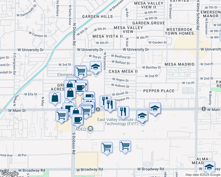 map of restaurants, bars, coffee shops, grocery stores, and more near 110 North Jade Circle in Mesa
